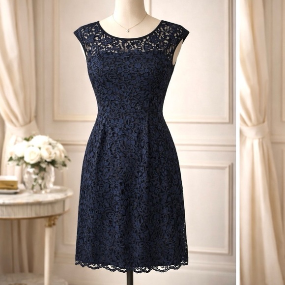 ✨ STUNNING!! WHBM Navy Lace Cocktail Dress | Elegant Floral Lace Overlay - Picture 2 of 3